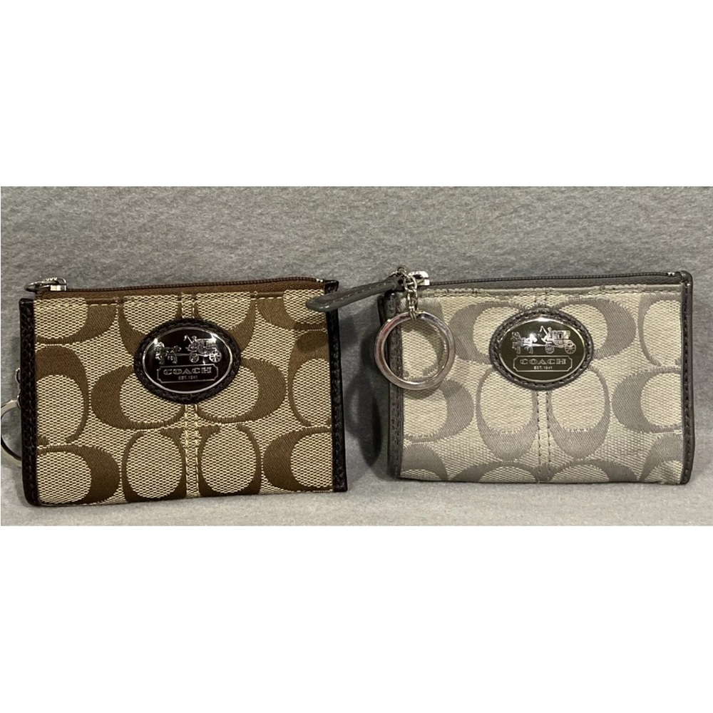 Coach Card Case Coin Purse Pouch Signature Brown Gray Canvas Key Chain Lot Of 2